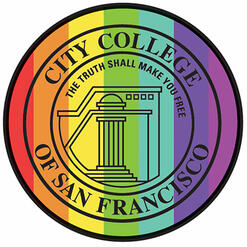 A rainbow edit of the CCSF seal, with the words "City College of San Francisco" on the outer circle of the seal, and the motto "