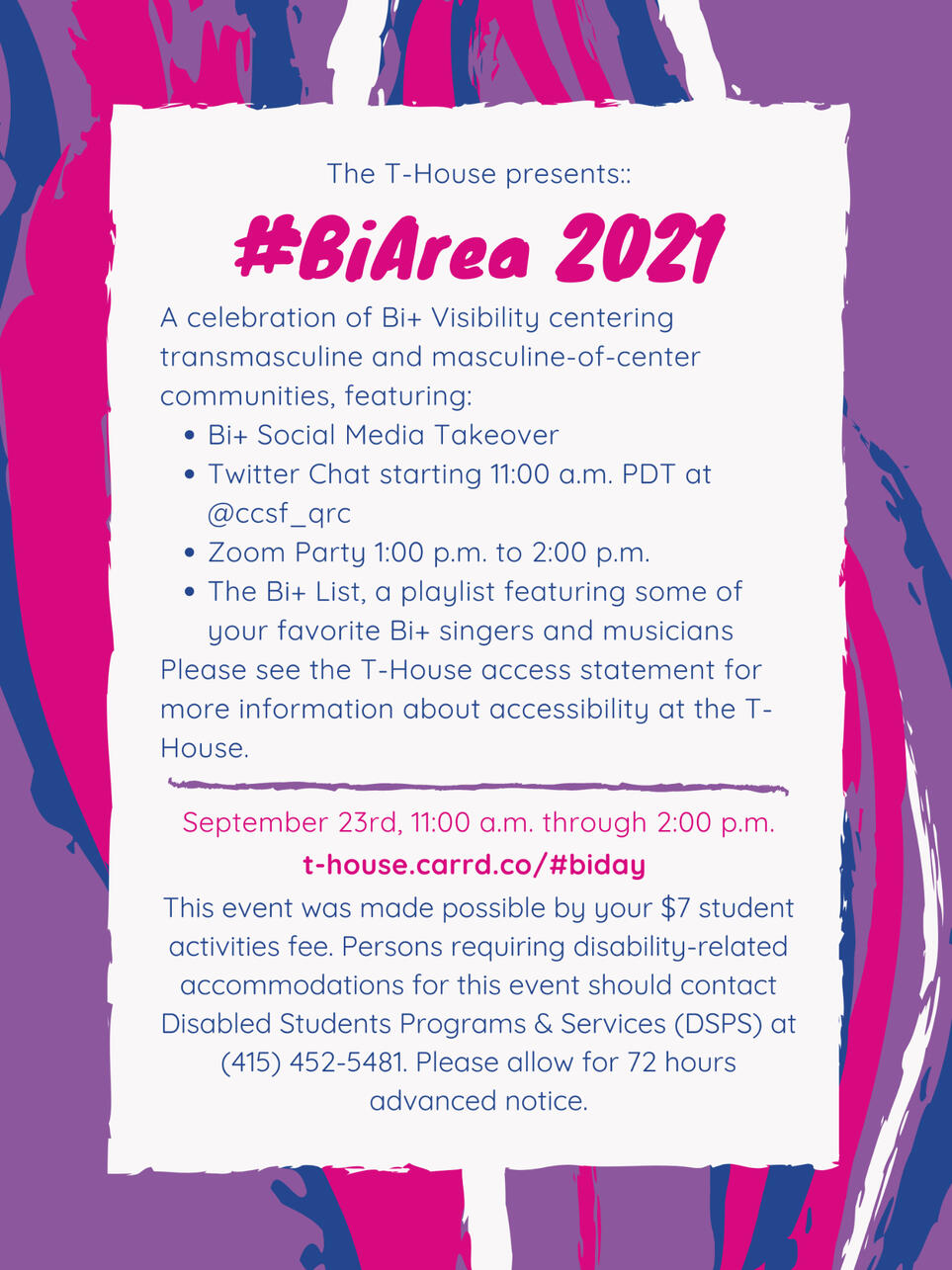A poster advertising #BiArea 2021, featuring the following events: a twitter chat, a 1:00 p.m. zoom party, and a bi+ playlist